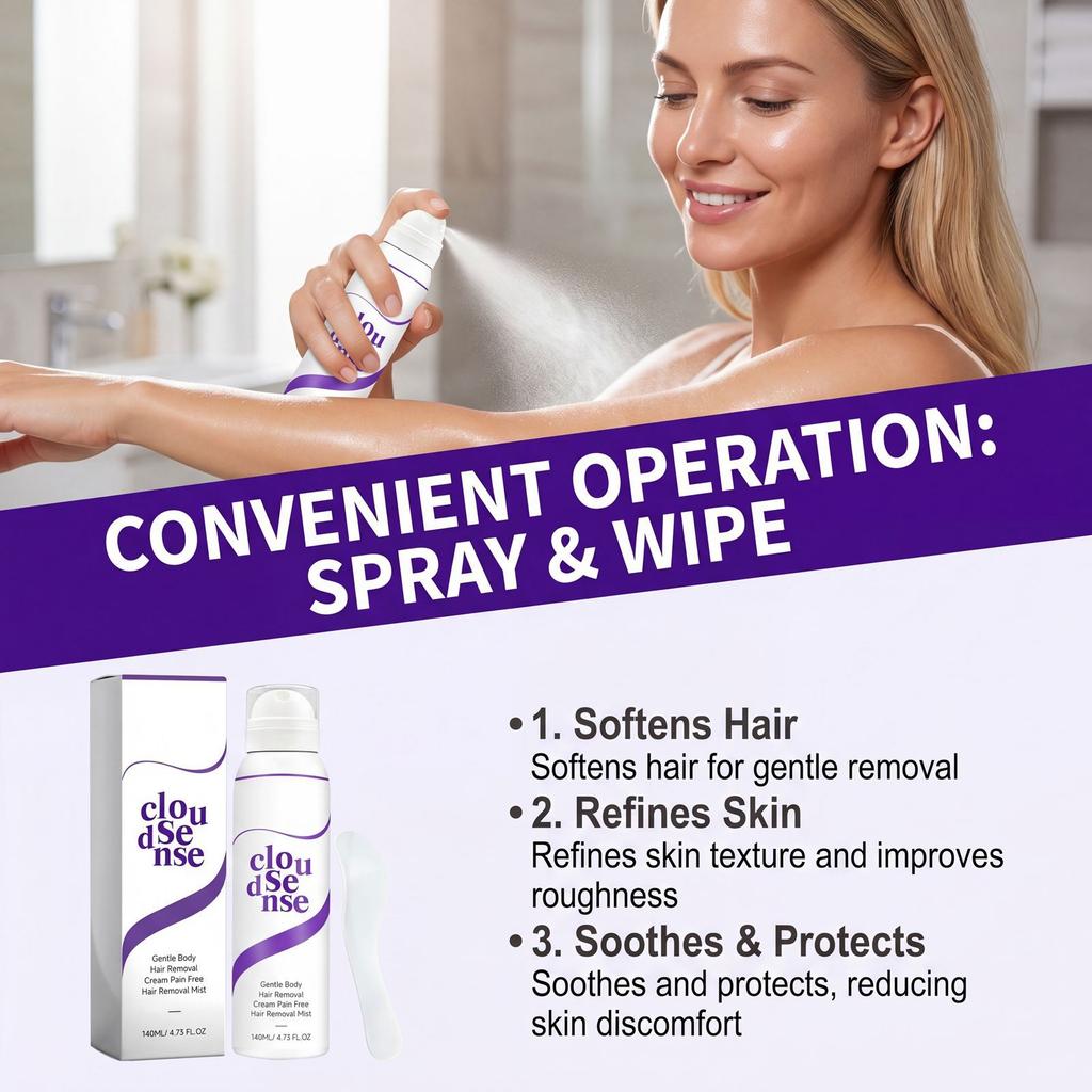 Gentle Hair Removal Spray Sensitive Skin Moisturizing No-Tingle Fine Mist Easy Apply Multi-Area Use Cleansing Non-Tightening 140ml