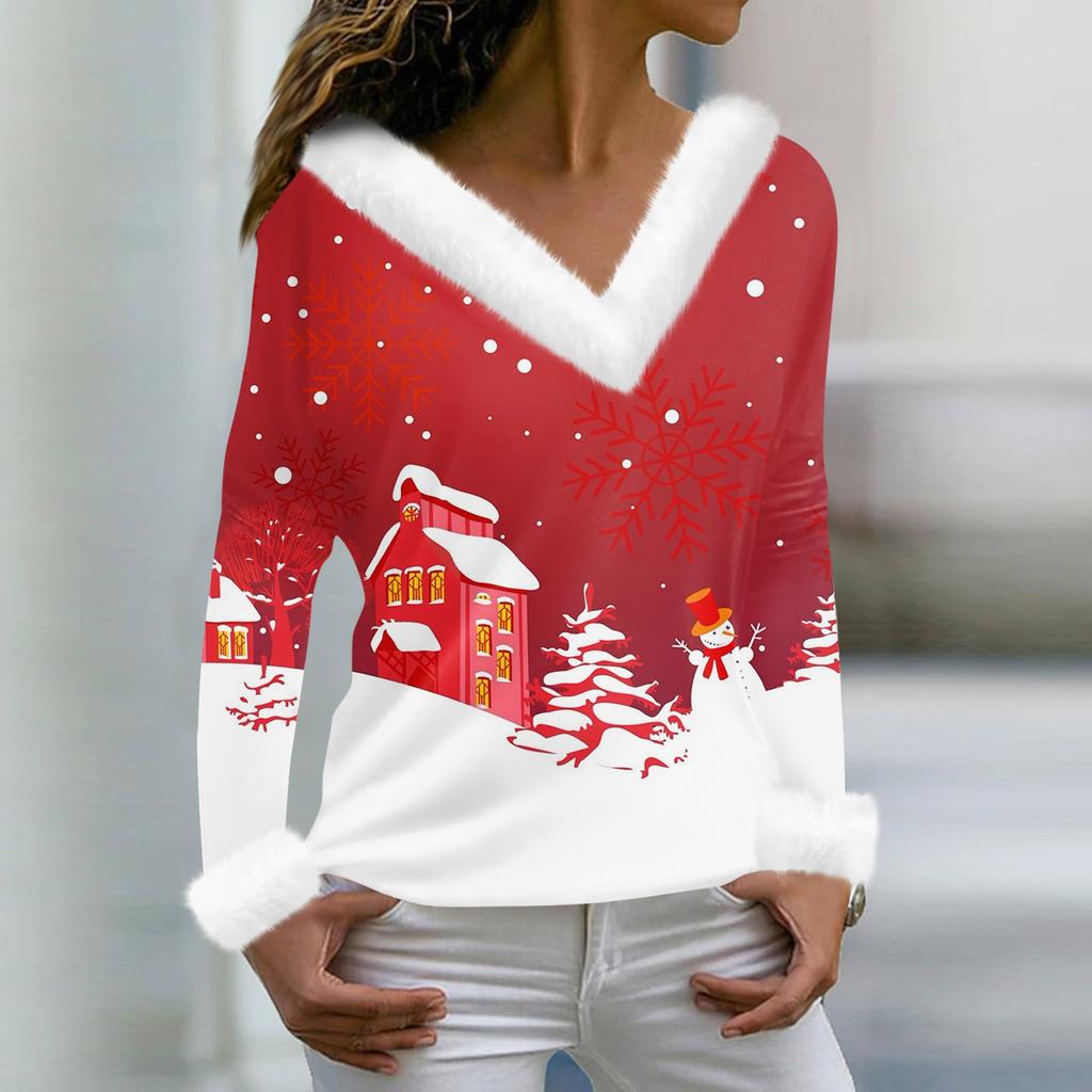 Женская мода повседневная плюшевая кофта с длинным рукавом и V-образным вырезом с рождественским принтом