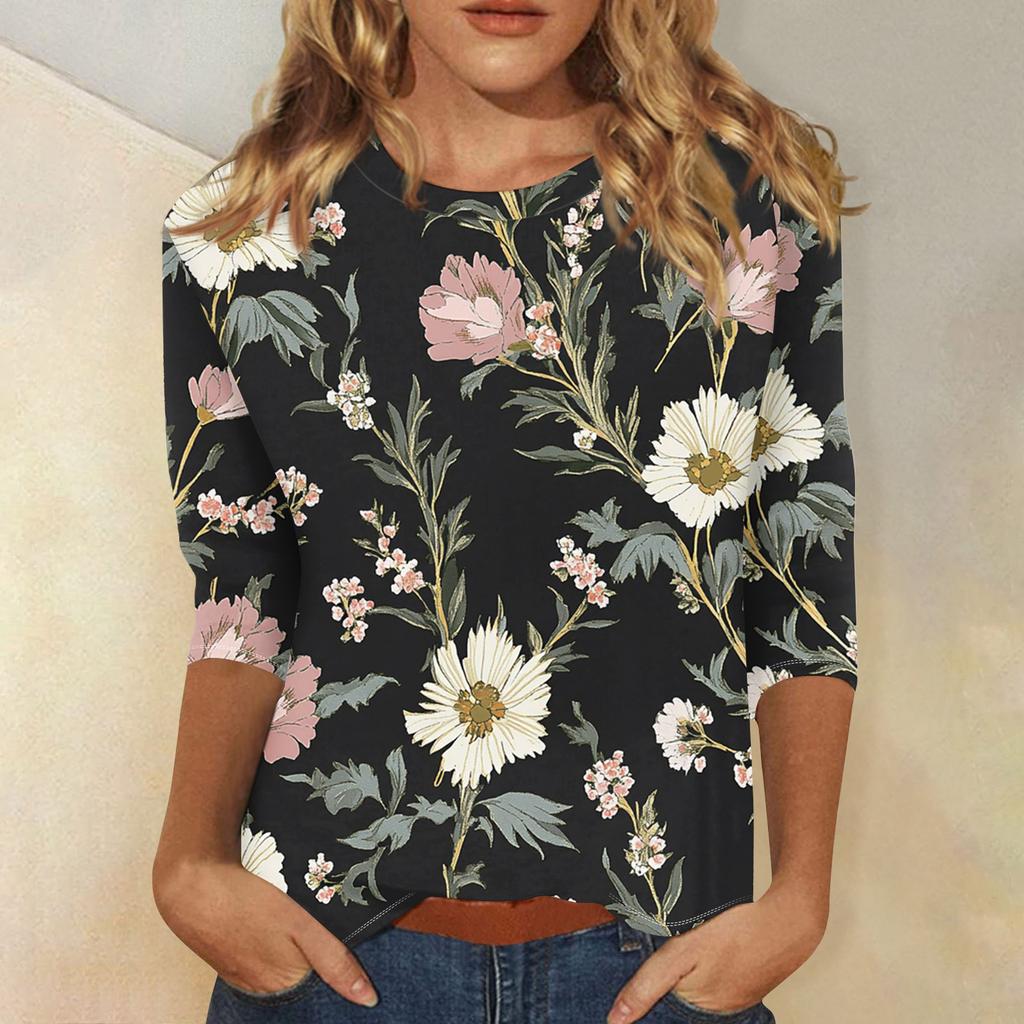 Women's Fashion Casual Three-quarter Sleeve Vintage Floral Print Round Neck Top