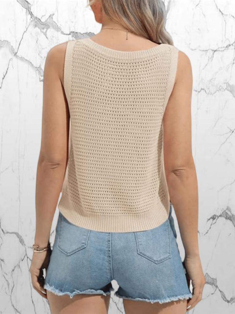 Women's Sleeveless Crochet Knit Tank Top Crew Neck Hollow Out Casual Summer Pullover