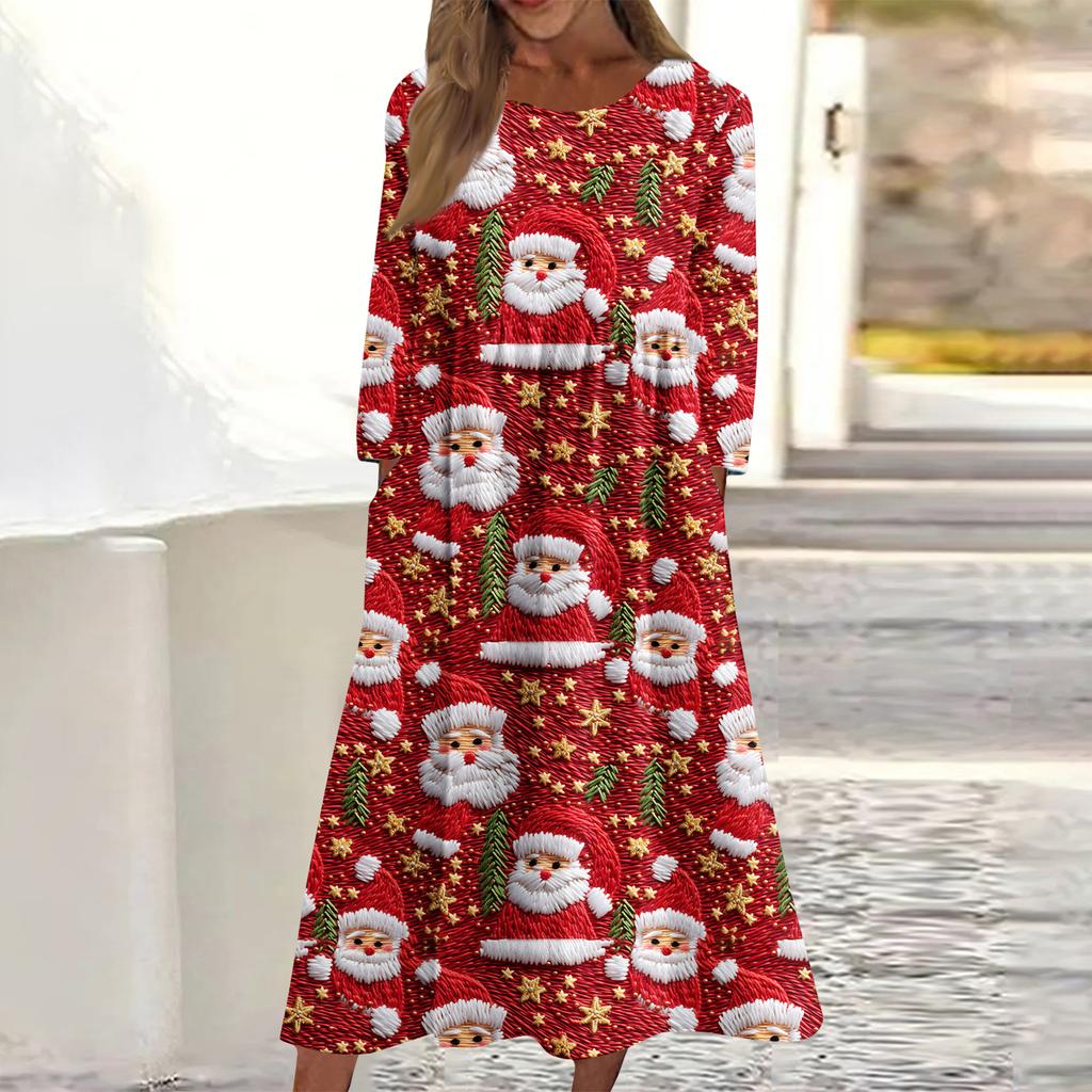 Women's Casual Round Neck Christmas Print Midi Dress Long Sleeve Pocket Dress