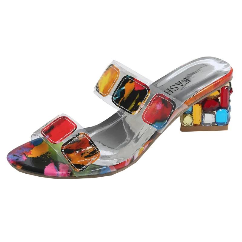 Женская обувь 2025 Лето Новинка Смешанные цвета Женские тапочки Стразы Массивный каблук Сандалии Элегантные Большой размер Повседневные Тапочки для платья