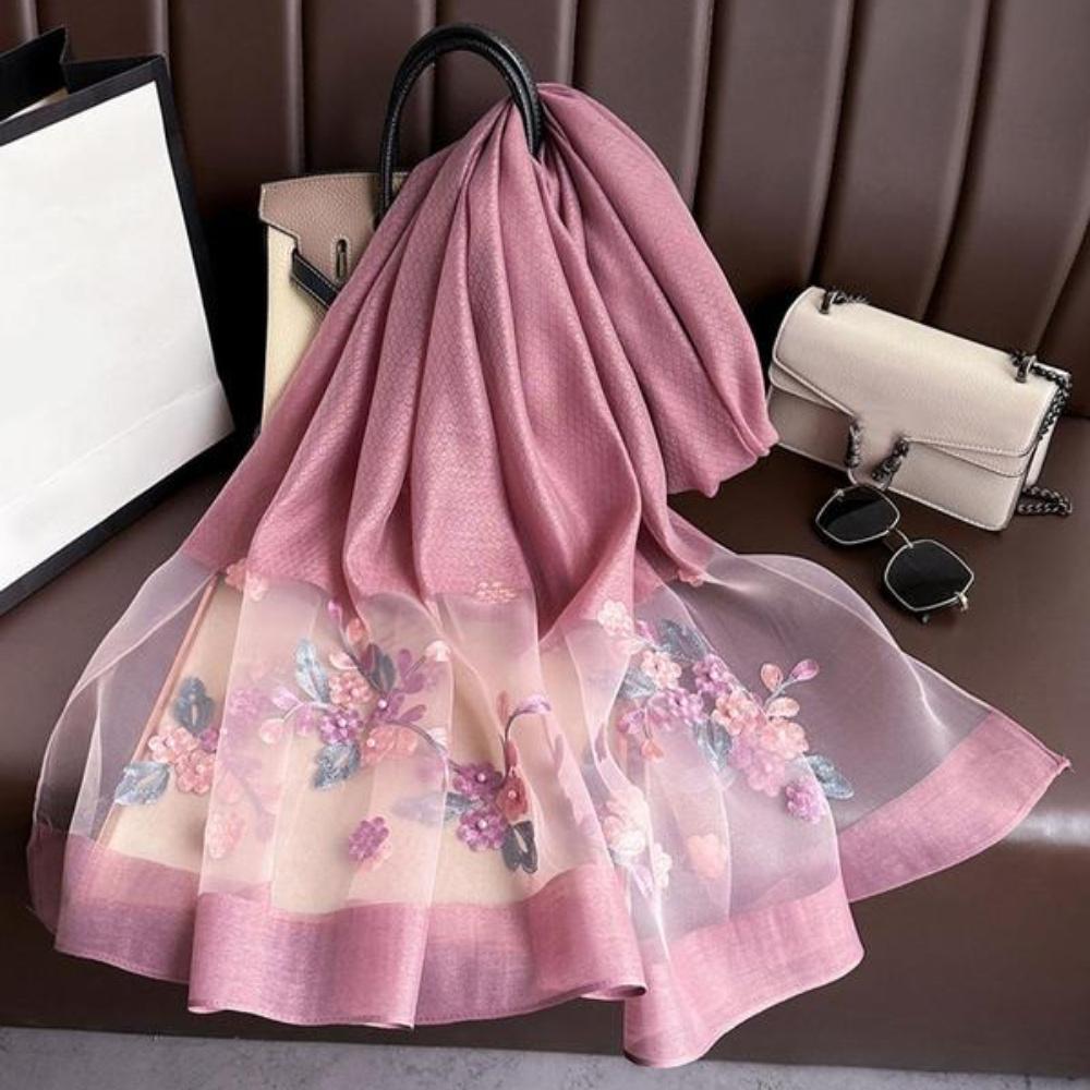 Элегантный шелковый шарф с цветочной вышивкой для женщин, стильная пляжная шаль с бисерной отделкой для защиты от солнца, богемный ветрозащитный маст-хэв