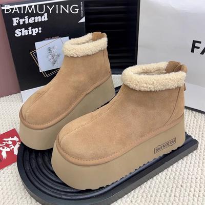 Замшевые женские зимние ботильоны на платформе, дизайнерские меховые короткие плюшевые туфли на среднем каблуке из хлопка, тренд 2025 года, теплые зимние ботинки на молнии для женщин