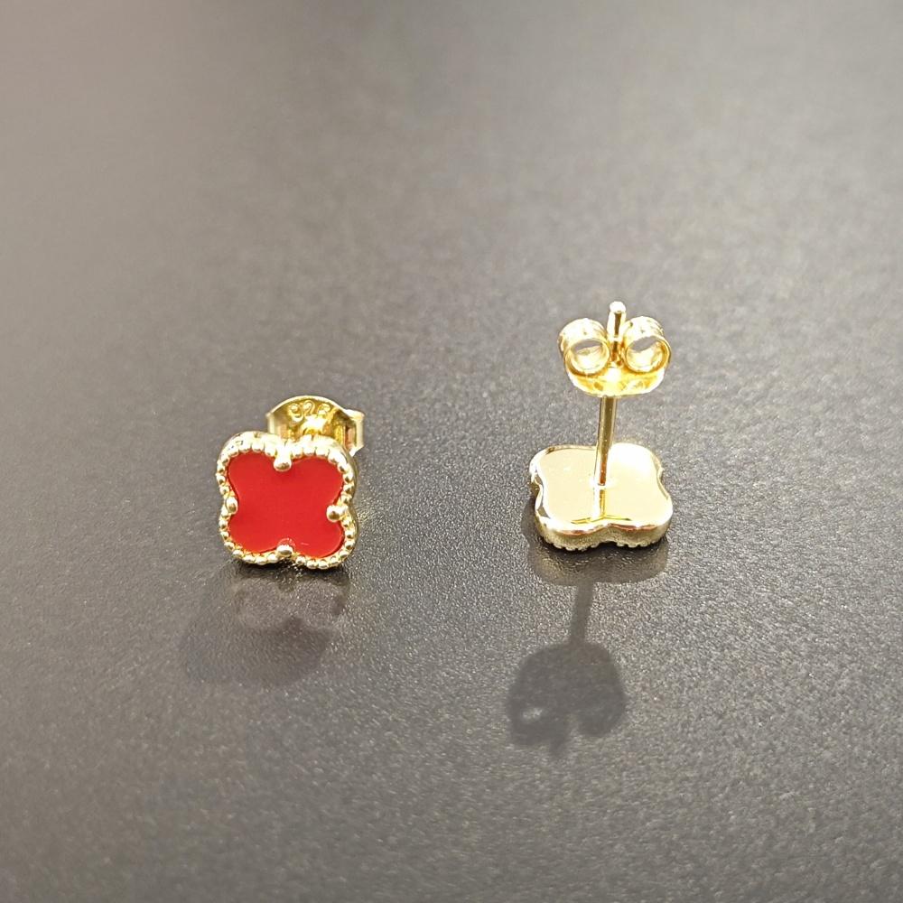 Серьги-гвоздики из стерлингового серебра 925 пробы с четырьмя листами клевера, позолоченные серьги с красной бирюзой