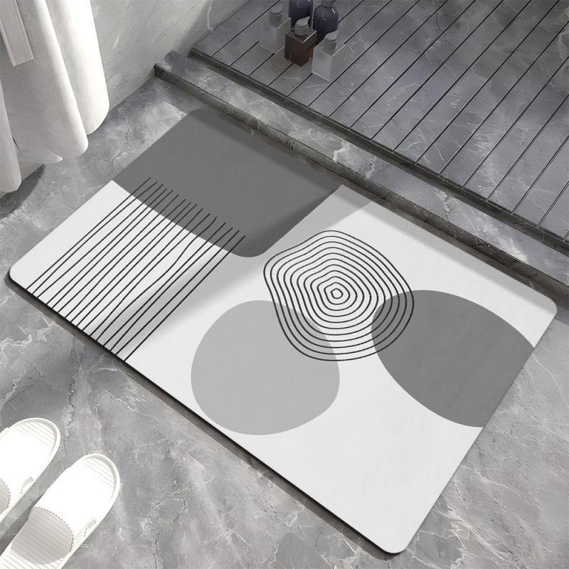 Коврик для ванной комнаты с геометрическим узором серого цвета — нескользящий, устойчивый к грязи и износу, простой в уходе. Идеально подходит для входов в скандинавском стиле.