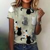 Женская футболка, корейская одежда, модная верхняя одежда с круглым вырезом и коротким рукавом с кошачьим принтом, летняя свободная одежда, женская элегантная футболка