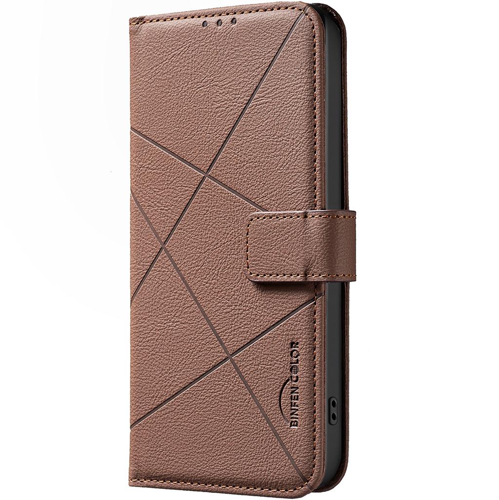 BINFEN COLOR BF35 For iPhone 16e Case RFID Blocking Wallet Stand Geometry Imprinted Leather Phone Cover