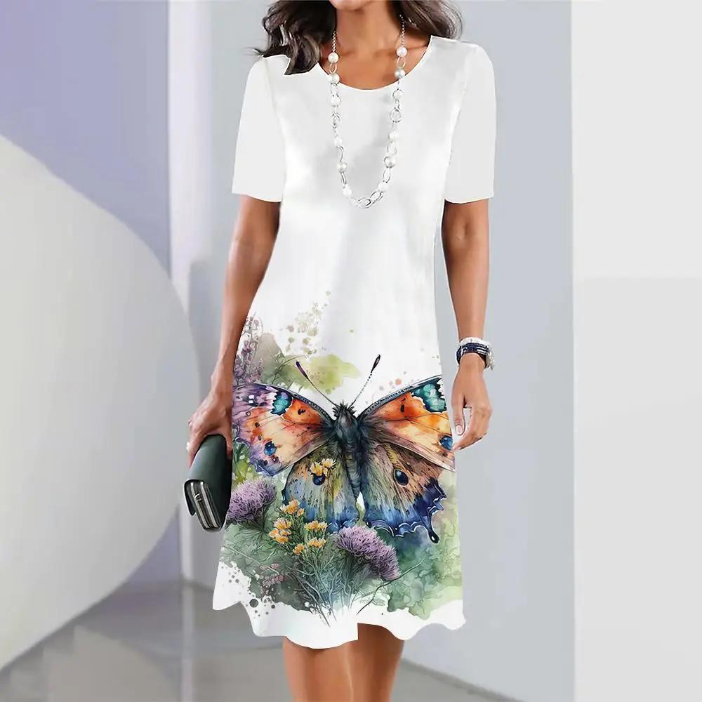 Платья для женщин больших размеров с принтом в виде 3D-бабочки и цветов Элегантная одежда с короткими рукавами Платье А-силуэта в стиле ретро Цветная одежда