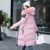 Winter Women Cotton Jacket with Furry Hood Long Sleeves Pockets Heat Retention Knee Length Zip-up Padded Coat Solid Color Windproof Outwear Parka