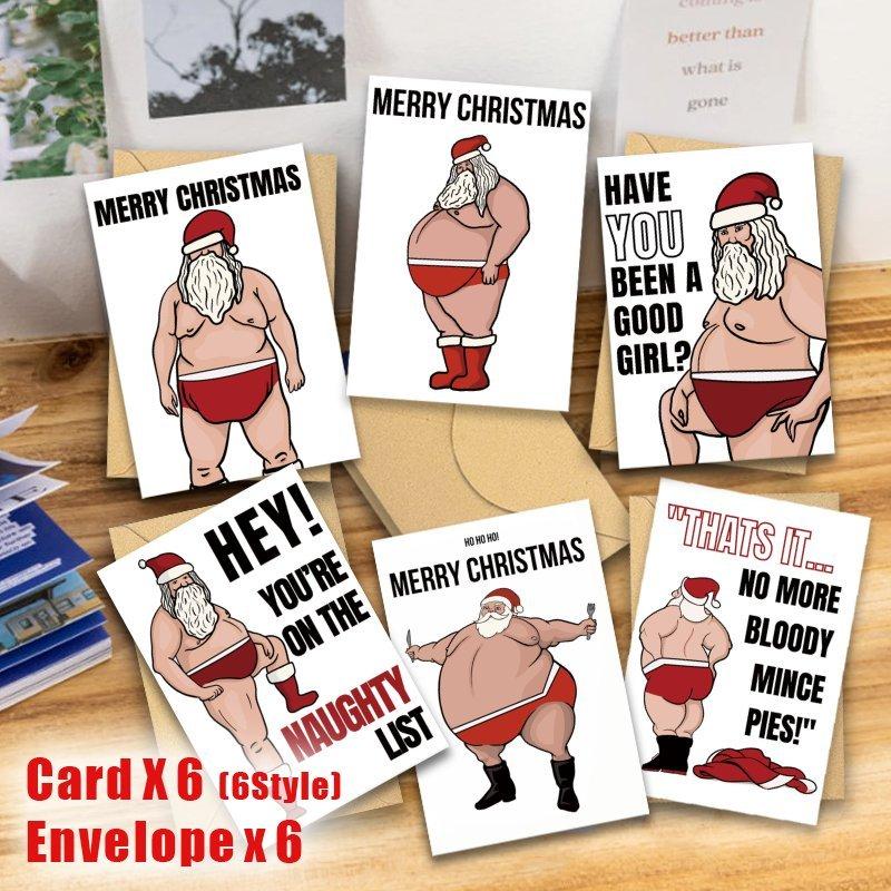 12pcs Funny Santa Claus Christmas Cards with Envelopes - Naughty Santa In Red Swim Trunks, Birthday Boy/Merry Christmas Quotes