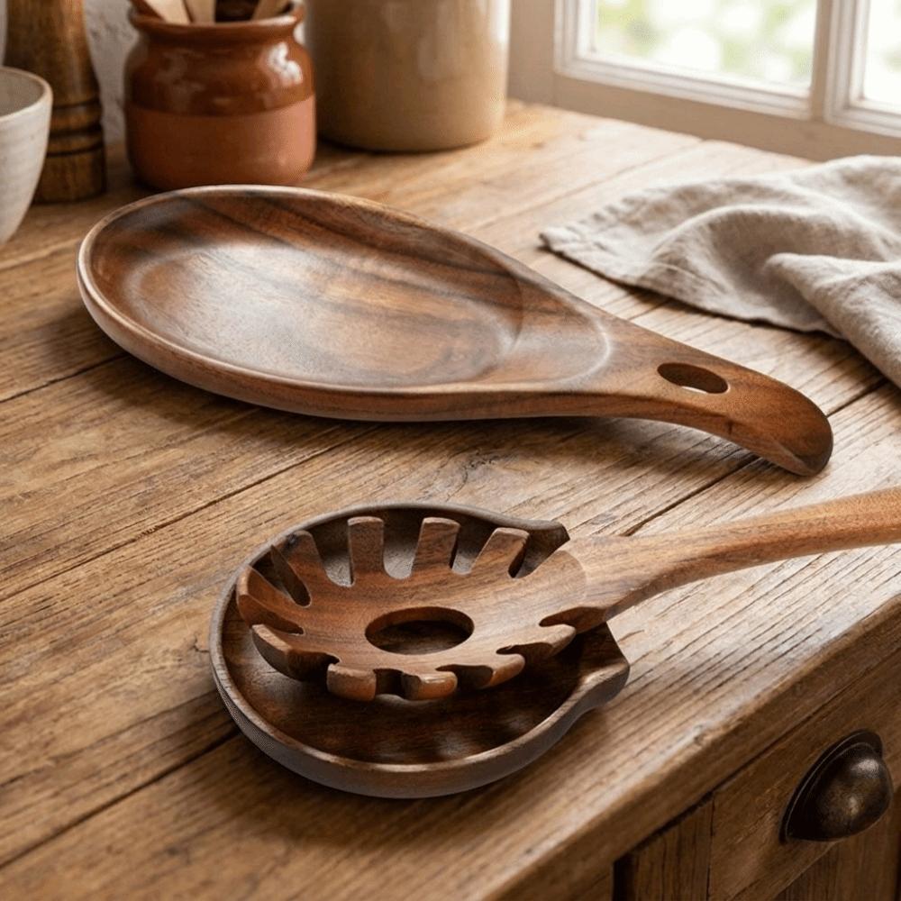 Organizer Tray Anti-Scalding Spoon Rest Rustic Wooden Ladle Rack Natural Fruits Plate Stove Top