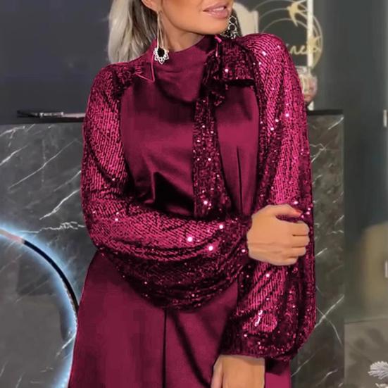Women Dress Round Neck Lace-up Strap Shiny Sequin Patchwork Long Sleeves Midi Dress