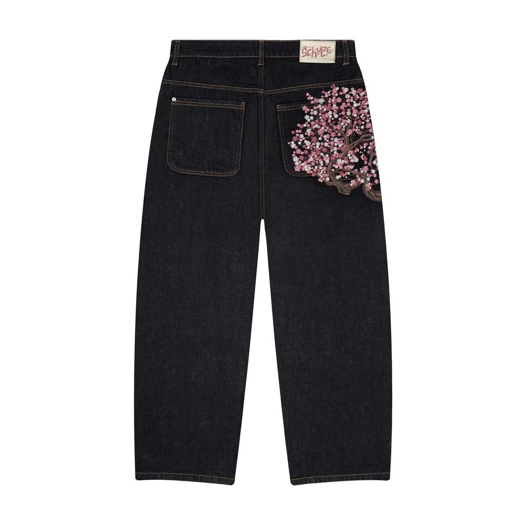 Джинсовые брюки с вышивкой Cherry Blossom Selvedge Y2k Retro Casual Baggy Wide Leg Jeans High Quality Hiphop Streetwear