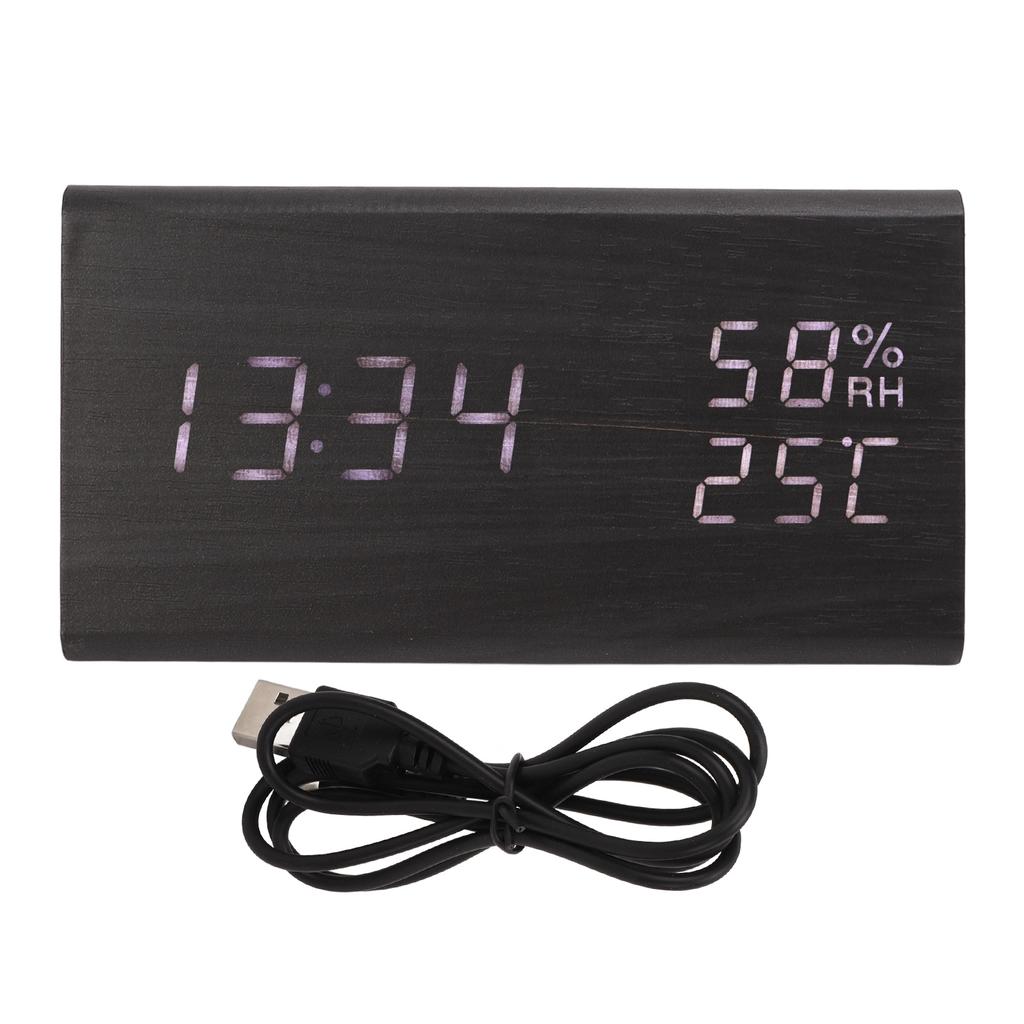 Digital Alarm Clock Regulable Brightness Temperature Humidity Display Black Wood White Light LED Des