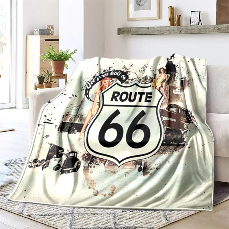 1PC Highway 66 pattern blanket, all season lightweight home office outdoor nap multifunctional blanket