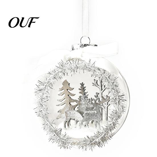 Winter Fairy Tale Hanging Decor Opening Christmas Ball Ornament with Bow, Tree Reindeer Snow Scene Micro Landscape Inside Clear Ball, Xmas Sphere