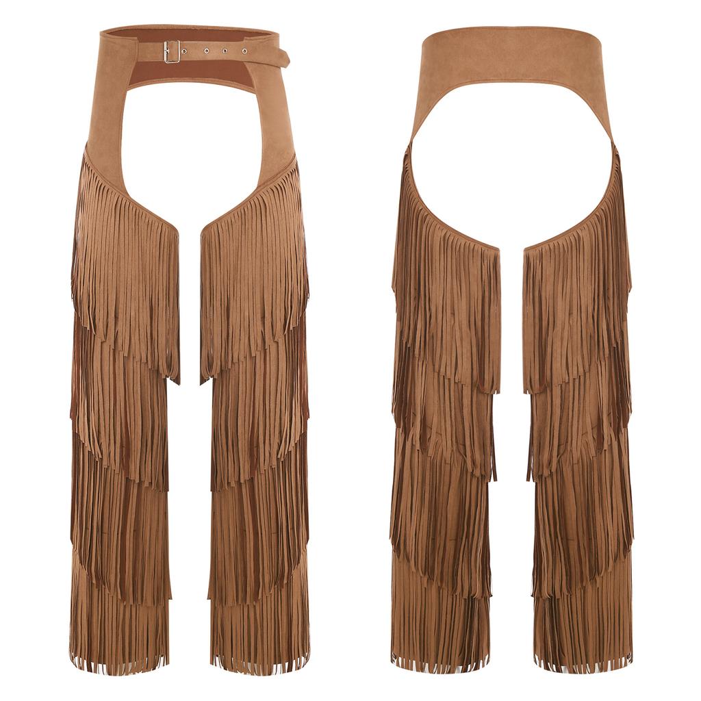 Adjustable Buckles Western Pants S-3XL for Adults Men - Cowboy Open Crotch Buttless Style with Layered Fringe for Raves Christmas Parties