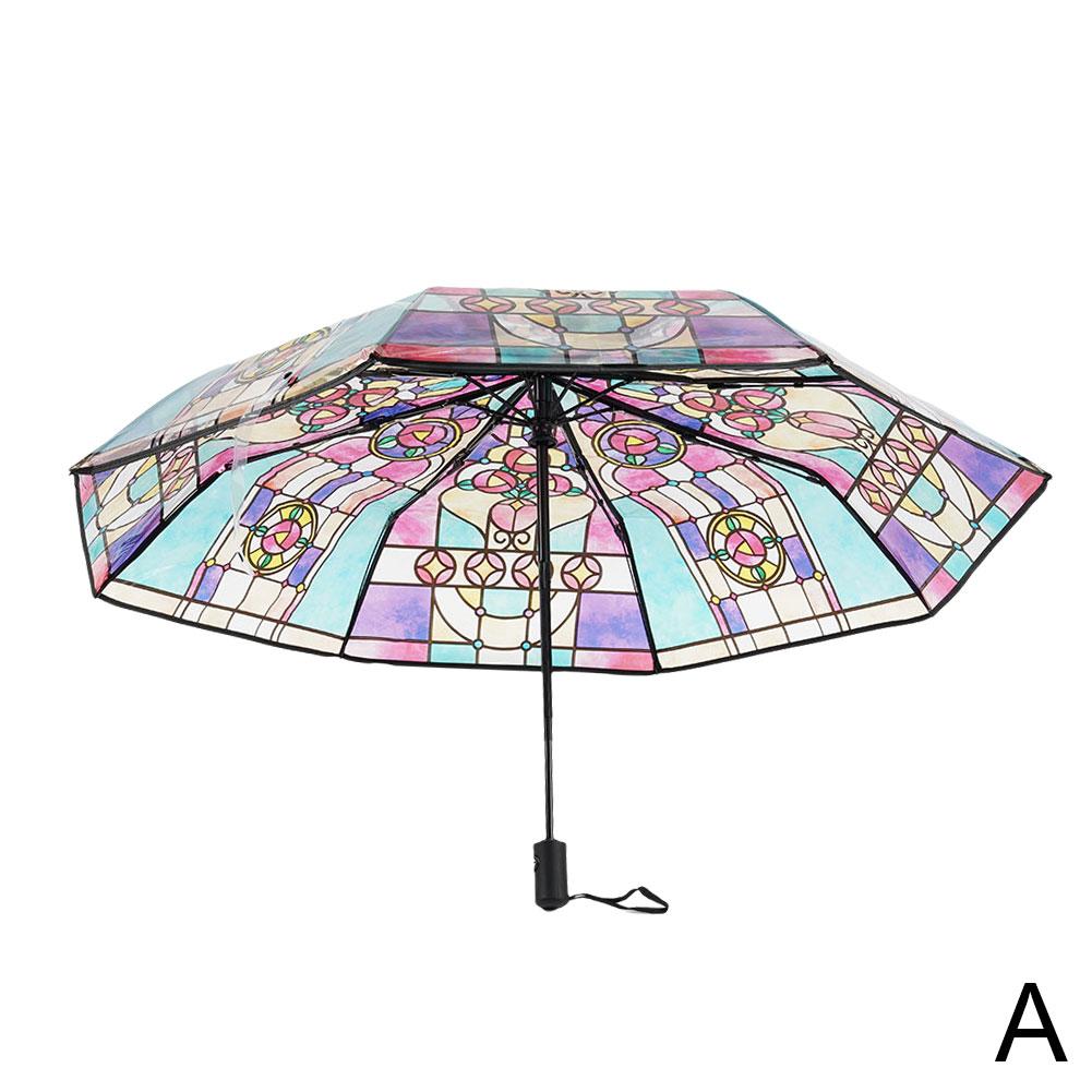 Vintage Church Transparent Umbrella Photo Props Colorful Glass Pattern Romantic Sunny Dual Use Of Rain And Light Girls Parasol