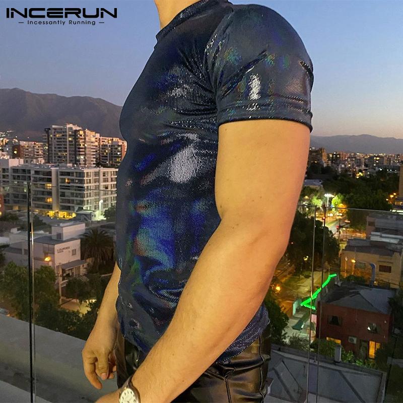 INCERUN S-5XL Мужская мода с коротким рукавом и круглым вырезом, двухцветные футболки, кожаные летние вечерние тонкие повседневные топы