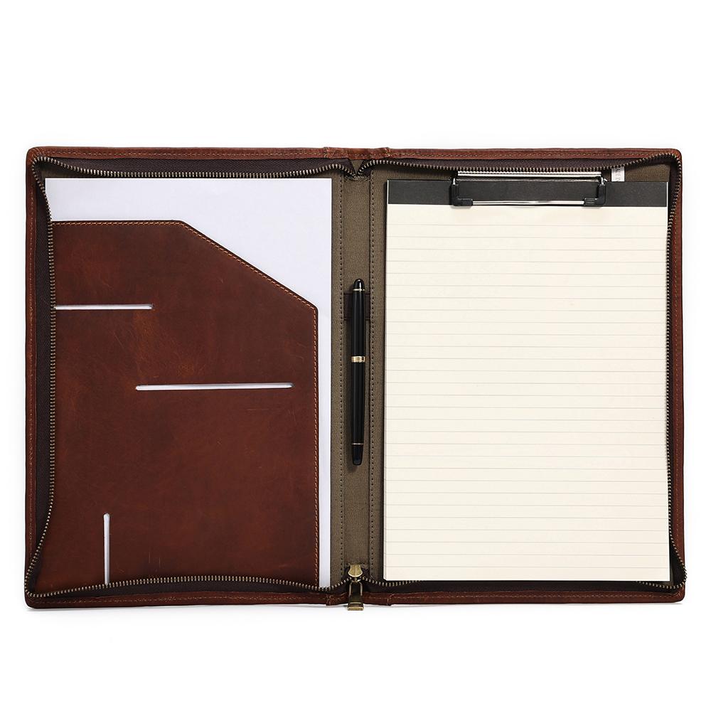Business Genuine Leather A4 Conference File Folder Document Holder Organizer Bag Zipper Portfolio Folder for 12.9 Inch Ipad