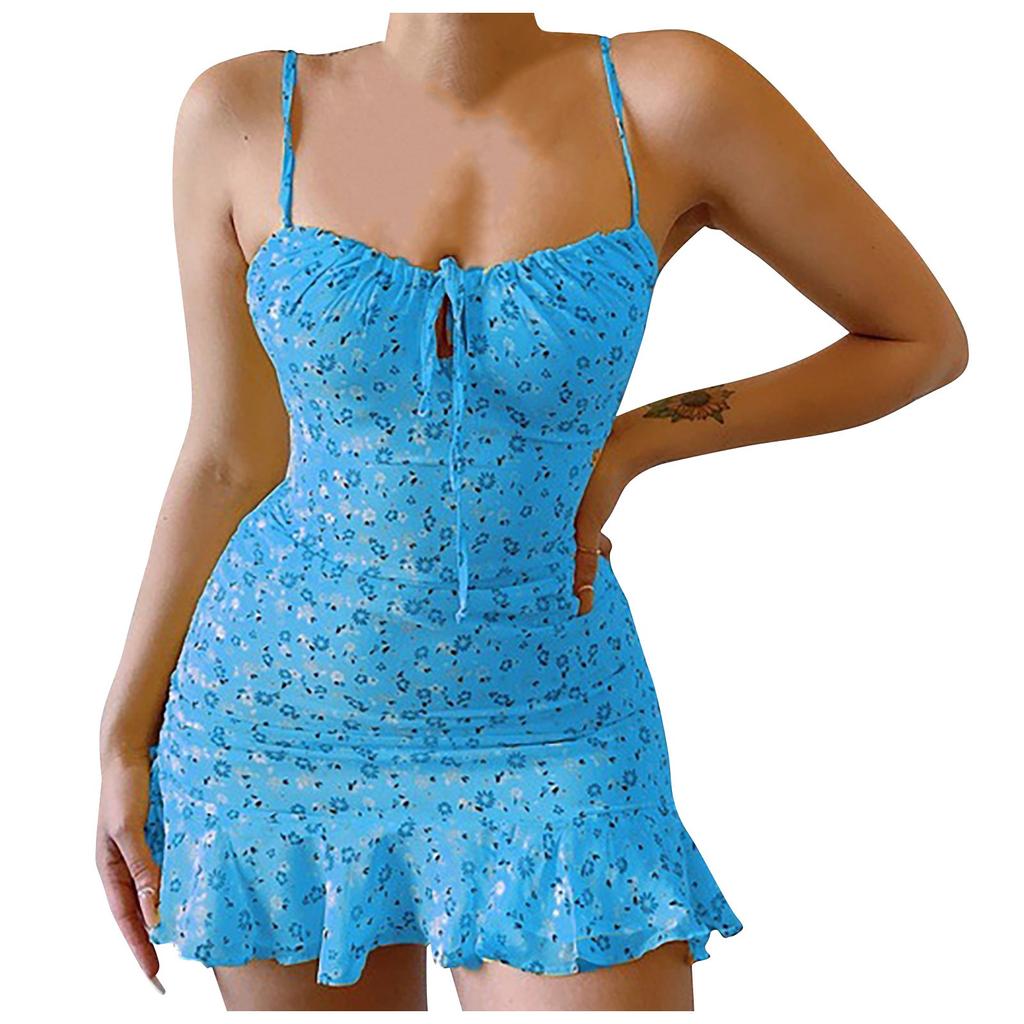 Женское весенне-летнее мини-платье без рукавов с вырезом на груди и цветочным принтом