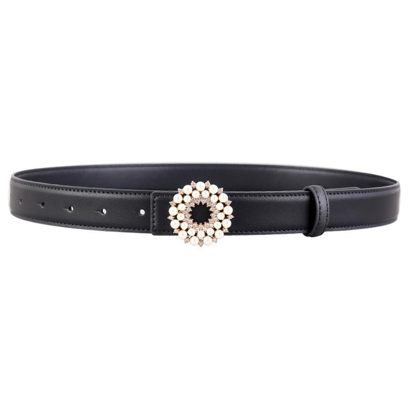 Womens Pearl Embellished Leather Belt With Alloy Buckle For Casual Dress And Jeans Accessories