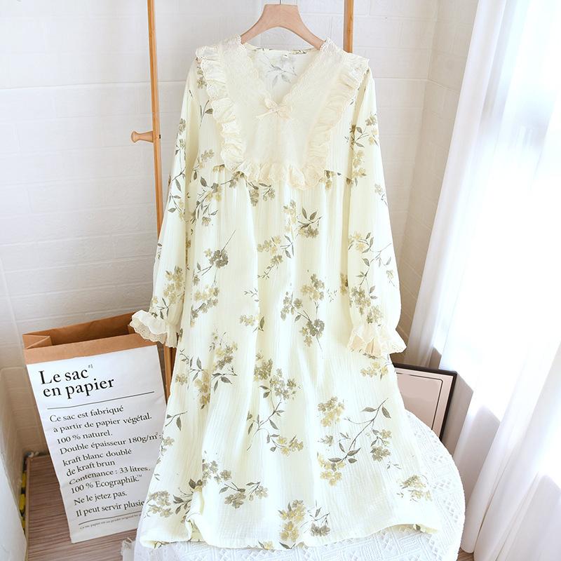 Lace V Neck Pullover Nightgown Women's Cotton All Season Long Sleeved Outerwear Home Skirt