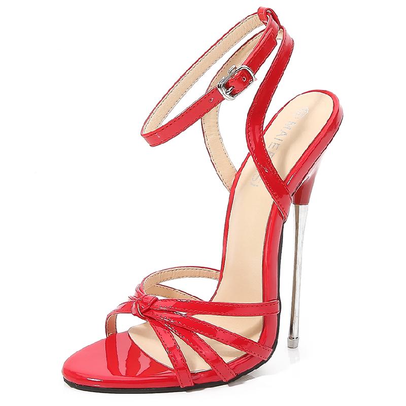 Босоножки на ремешках Женские Летние Роскошные 16 см Металлические Экстремально Высокие Каблуки Шпильки Обувь для Стриптиза Большого Размера Розовые Красные Танцевальные Туфли для Мужчин