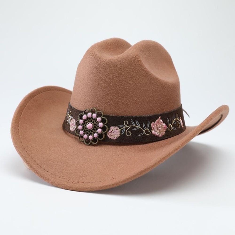 Soft Fedora Hat Floral Embroidery Sun Hat Vintage Felt Western Cowboy Hat Travel Outdoor