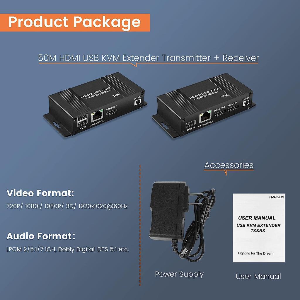 HDMI KVM Extender 60m Over Ethernet Cat5e/6 1080P Extender KVM USB POC Cable HDMI Loop Extender Splitter for Mouse Keyboard PC