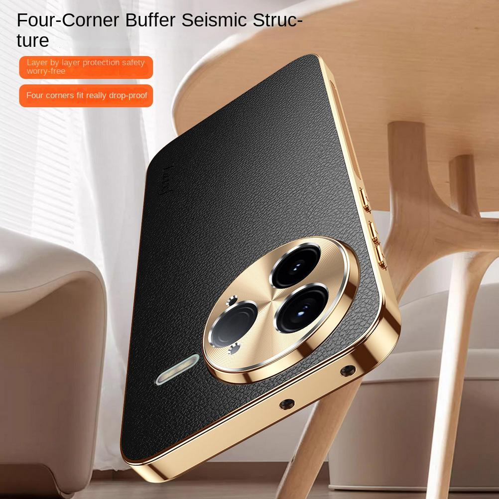 First Layer of Cowhide Lychee Texture Electroplated Frame Case For Poco F7 Ultra F7 Pro POCO X7 Pro F6 Pro F5 Lens Protect Cover
