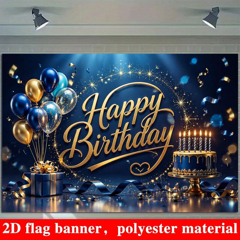 2D Flat Banner, Blue and Golden Party Backdrop, Balloons, Gift Boxes, Cakes, Ribbons