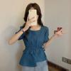 Летняя женская футболка с жемчужным квадратным воротником и короткими рукавами, нерегулярная нежная рубашка, шифоновая рубашка, блузка, женская