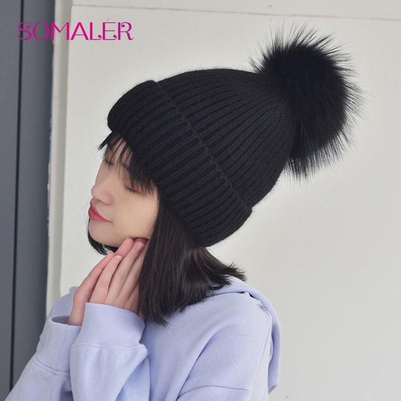 SOMALER Зимняя вязаная шерстяная шапка с меховым помпоном для девочек, женская модная пушистая теплая шапка-бини с манжетами и помпоном, женская осенне-осенняя повседневная кепка