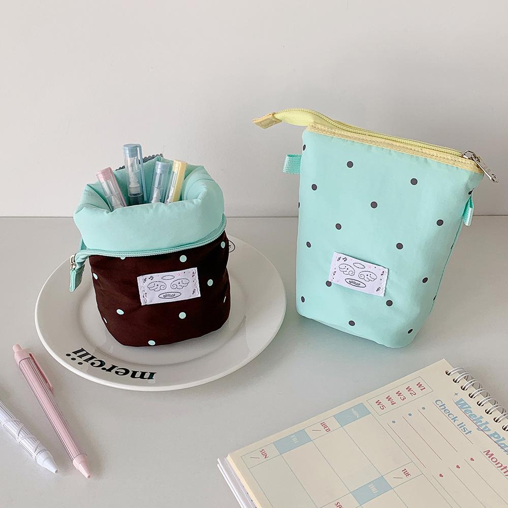 Korean Girl Round Dot Stationery Bag Pencil Case Desktop Pen Holder Zipper Coin Purse Coin Pouch Kids Cute Purse Makeup Bag