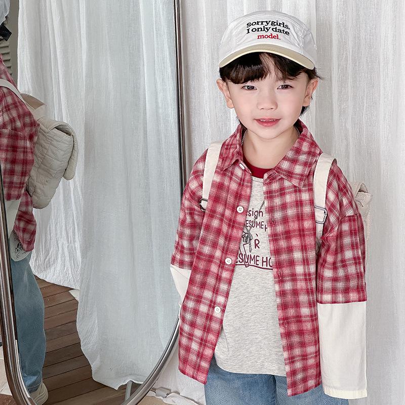 Детская рубашка с красными лацканами в клетку — в стиле колледжа, весна/осень 2025 г., комплект из двух предметов для мальчиков и девочек