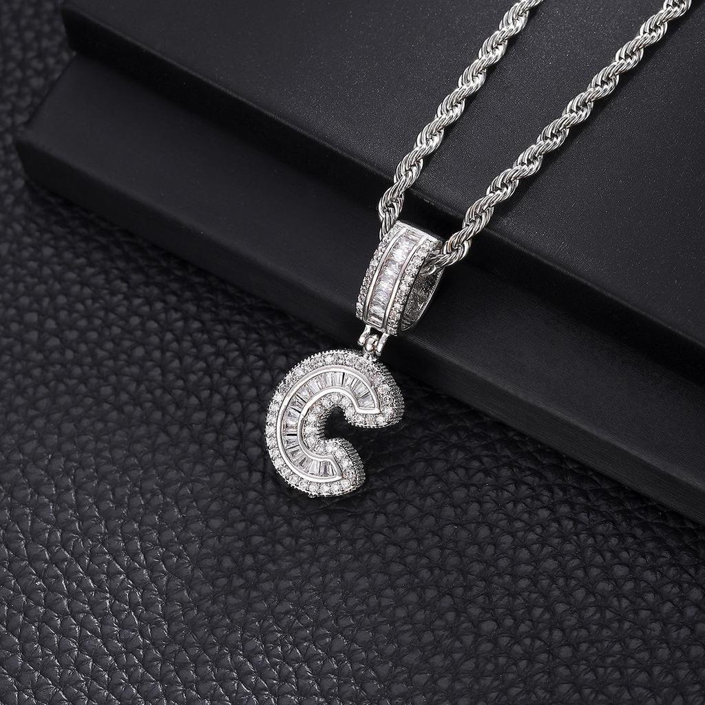 Zircon Inlaid Rock Sugar Initial Pendant Necklace - European & American Hip-Hop Style