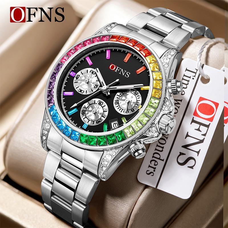 Rainbow Diamond Chronograph Men's Watch Six Pin Quartz Movement Waterproof Calendar Night Light Luxury Men's Watch