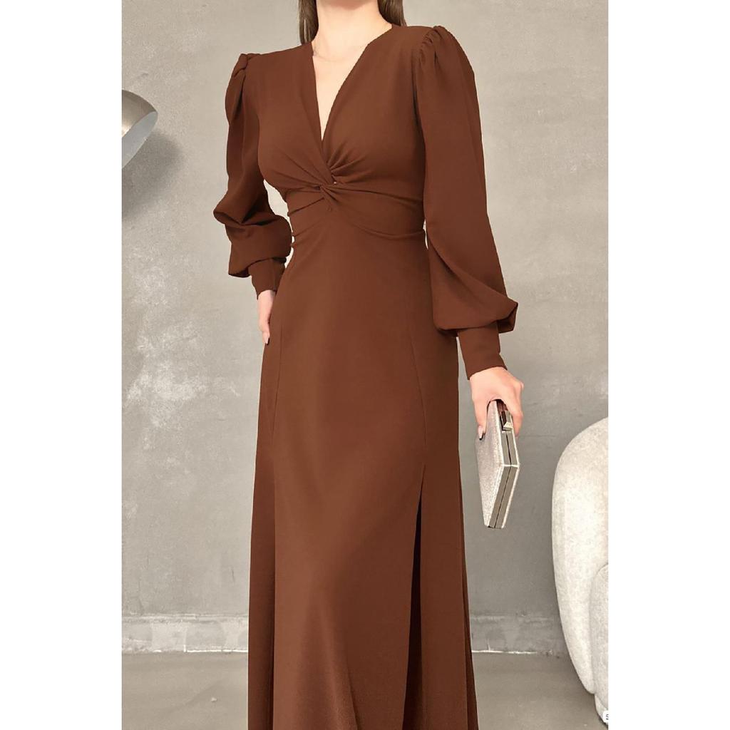 Black Crepe Fabric Front Knot Detail Maxi Length Long Sleeve Double Slit Dress