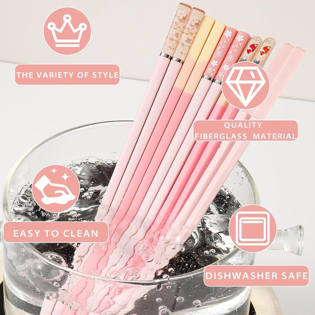 Chopsticks Reble Dishwasher Safe, 9.57 inches Pink Non-slip Lightweight Fiberglass Chop Sticks, Asian Cuisine Japanese Chinese Chopstick Gift Set, 5