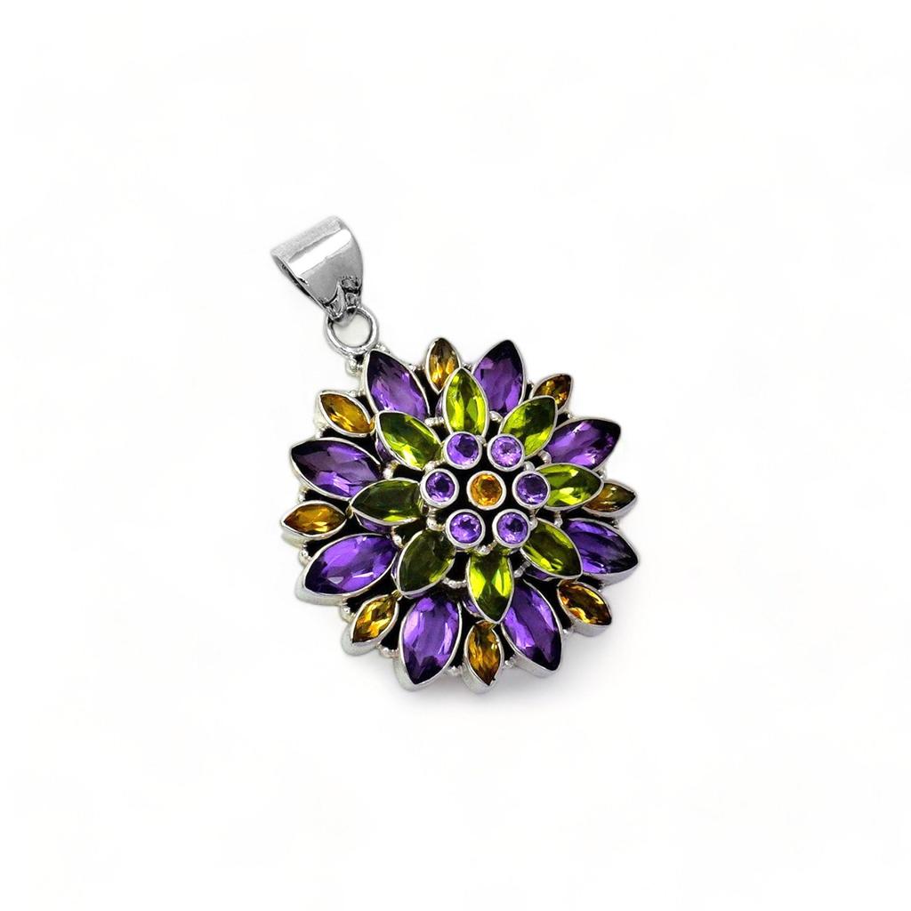 Sterling Silver Flower Pendant: Amethyst, Peridot & Citrine Gemstone