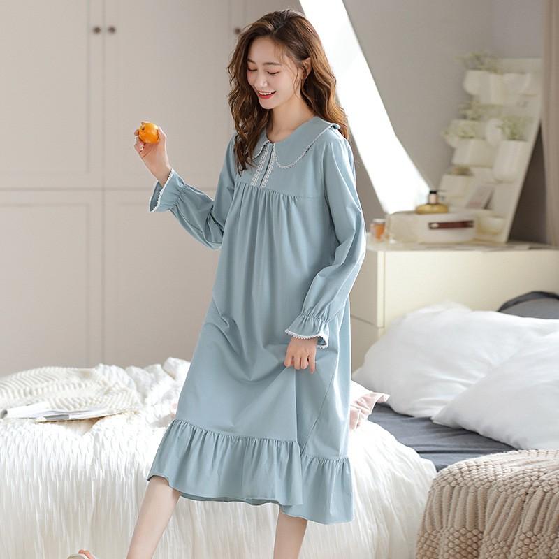 Womens Cotton Long Sleeve Pajama Dress Princess Style Loungewear Pregnant Women