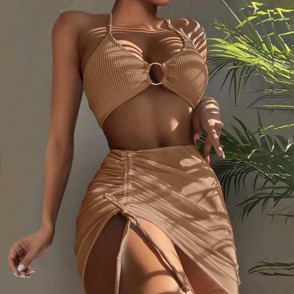 Женский однотонный купальник, женский купальник с разрезом на тонких бретельках и высокой талией, комплект из четырех предметов