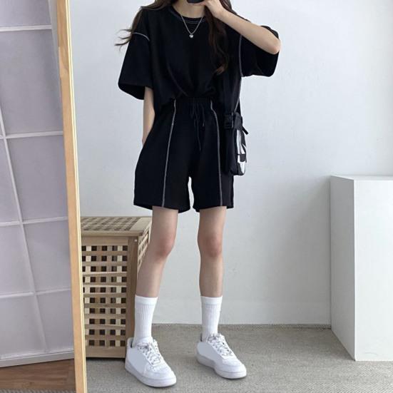 2 шт./компл. женский летний спортивный костюм с круглым вырезом и половиной рукавов, свободный топ с завязками, высокая эластичная талия, однотонный