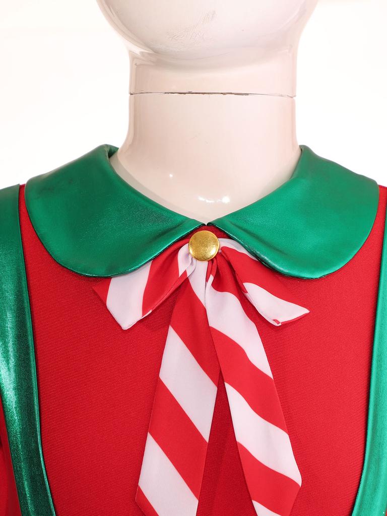 Girls Christmas Tutu Dress Puff Sleeve Hollow Back Bow Stripes Design Suspender Jumpsuit Dance Leotard