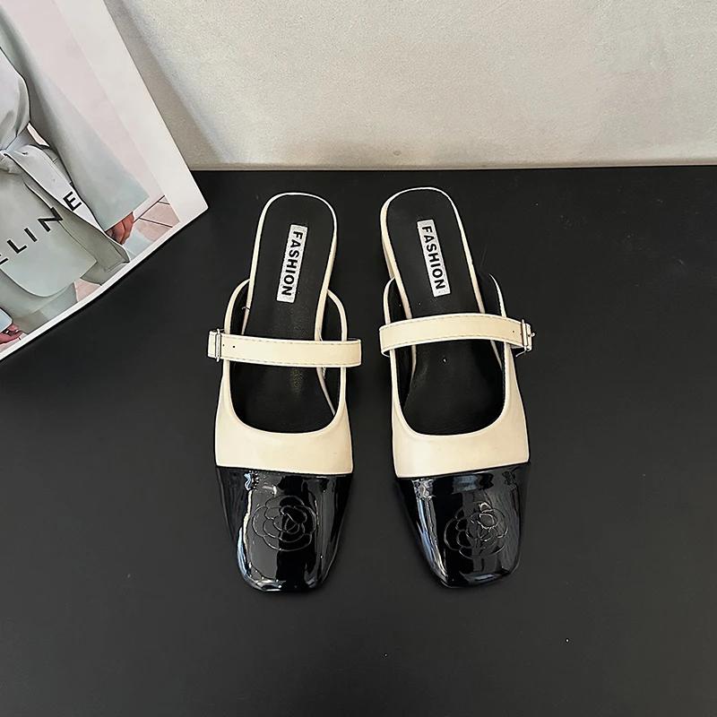 2024 Square Heel Cover Toe Slippers Casual Shoes Woman 2024 Lady Low Slipers Women Block Soft Luxury Girl Flat Pointed Summer New