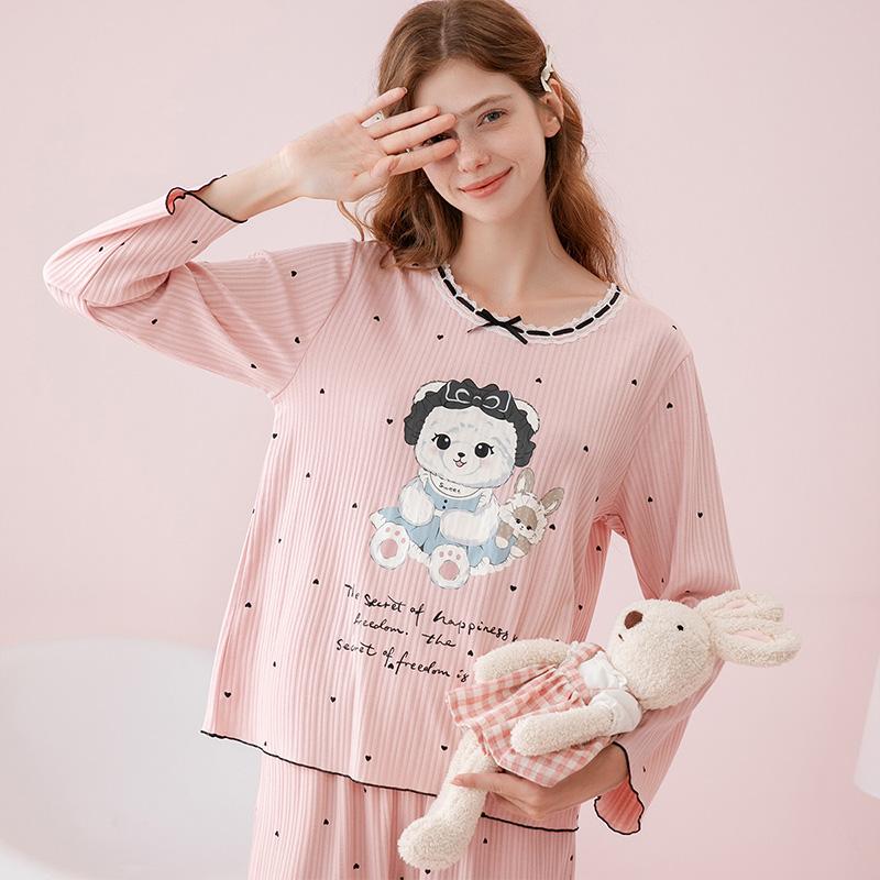 Fenteng [100% cotton] skin friendly round neck long sleeved puppy sweet girl student pajamas home suit set