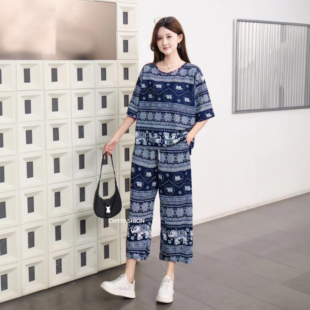 Слон Штаны Шорты Рубашка Комплект Круглый Вырез Укороченный Короткий Рукав Регулируемый Эластичный Пояс Завязка Женский Принт Повседневный Пляжный Бохо Богемный Ретро Винтаж