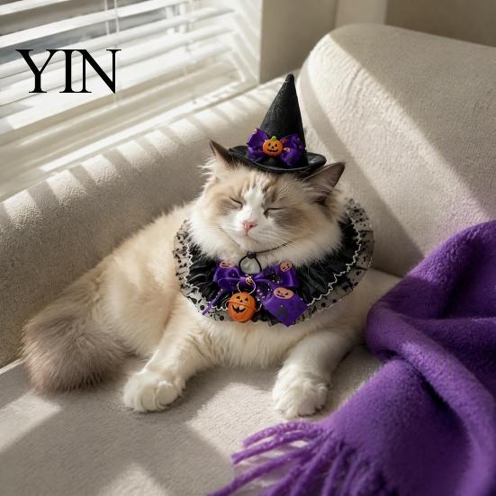 Cat Pumpkin Outfit 1 Set Halloween Costume, Wizard Hat And Lace Bandana, Ruffled Bib Pet Photo Prop with Bow Bell, Holiday Party for Small Dogs, Cats